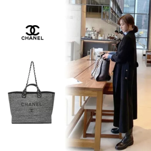 Chanel Large Charcoal Canvas Deauville Tote TOTE